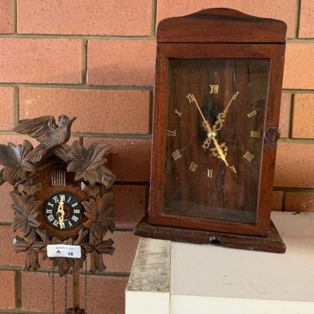 Small Vintage Cucckoo Clock + Hardwood Post Clock