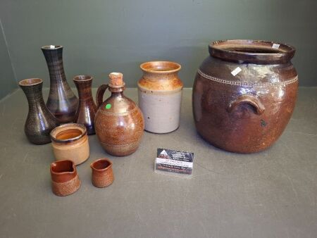 Lot of Vintage Brown Pottery Pieces, Some Marked Bendigo Pottery Epsom
