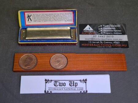 Two Up Australian Gambling Game & Boxed Hohner Harmonica Germany