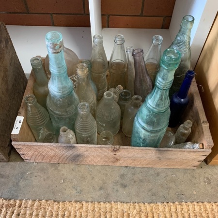 Vintage Timber Crate + Lot of Glass Bottles