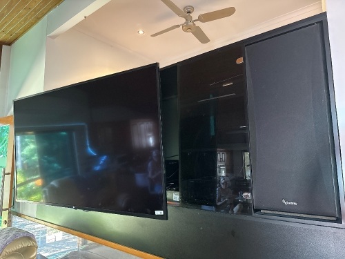 Large lot of entertainment pieces including LGTV Yamaha sound system Infinity speakers etc. - TV mounted on telescopic arms - DVDs and extra speakers included