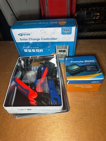 Solar charge controller, remote meter and crimping tool