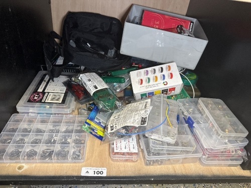 Shelf lot of mostly auto Electrical accessories and tools