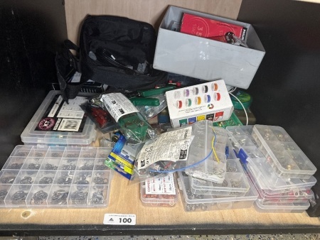 Shelf lot of mostly auto Electrical accessories and tools