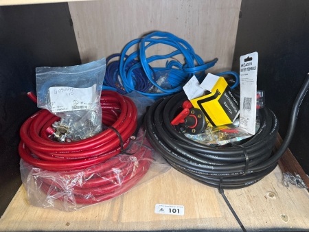 Shelf lot of heavy duty cable and other auto electrical items