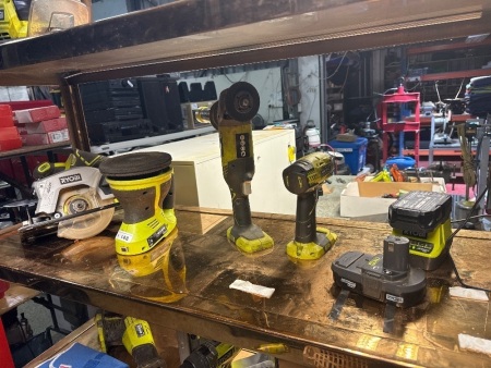 Shelf lot of Ryobi 18V tools - NOTE grinder has faulty on/off switch