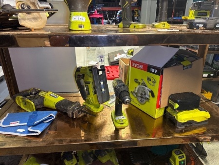 Shelf lot of Ryobi 18V tools
