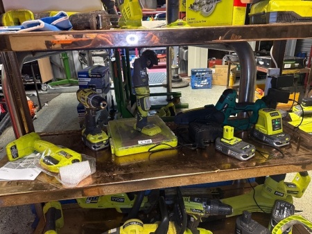 Shelf lot of Ryobi 18V tools plus Ferrex saw