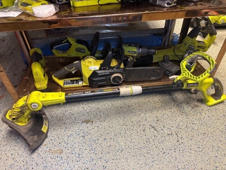Shelf lot of Ryobi 18V tools