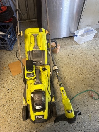 Ryobi 18V lawnmower and whipper snipper, one charger two batteries