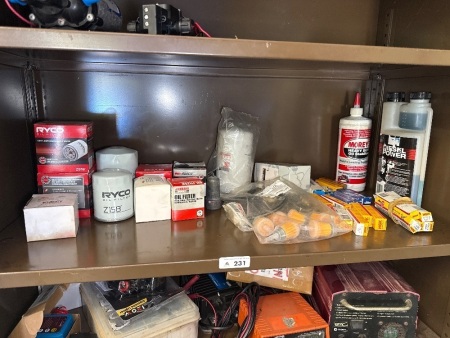 Shelf lot of automotive filters, spark plugs, etc