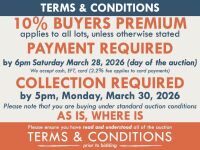 TERMS AND CONDITIONS: 10% BUYERS PREMIUM (A 1.65% fee applies to online bidders) PAYMENT REQUIRED by 6pm, Saturday, March 28, 2026 - We accept cash, EFT, card (2.2% fee applies to card payments) COLLECTION REQUIRED by 5pm, Monday, March 30, 2026 