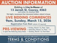 AUCTION INFORMATION: Bidding is live at 13 Jarrah St, Cooroy, 4563 & online via web feed (simulcast) - It is recommended that interested bidders attend the auction onsite | BIDDING COMMENCES: 9am, Sunday, March 15, 2026, Registration from 8am (photo I.D r