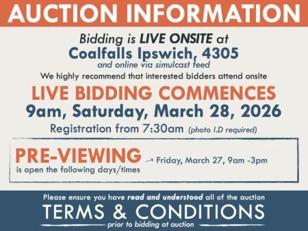 AUCTION INFORMATION Bidding is live ONSITE at Coalfalls, Ipswich, 4305 & online via web feed (simulcast). Full address supplied closer to auction day It is strongly recommended that interested bidders attend the auction onsite LIVE BIDDING COMMEN