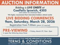 AUCTION INFORMATION Bidding is live ONSITE at Coalfalls, Ipswich, 4305 & online via web feed (simulcast). Full address supplied closer to auction day It is strongly recommended that interested bidders attend the auction onsite LIVE BIDDING COMMEN