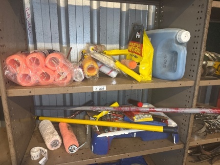 Two shelves of assorted painting items