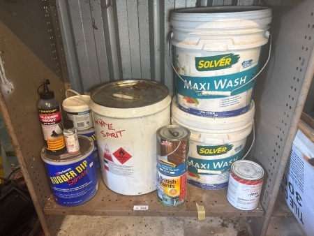 Shelf lot of assorted paints spirits, etc