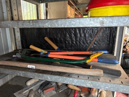 Shelf lot of mostly pruning tools
