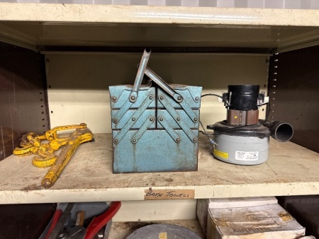 Shelf lot of assorted items, including chain dog toolbox with contents, panel bearing tools etc