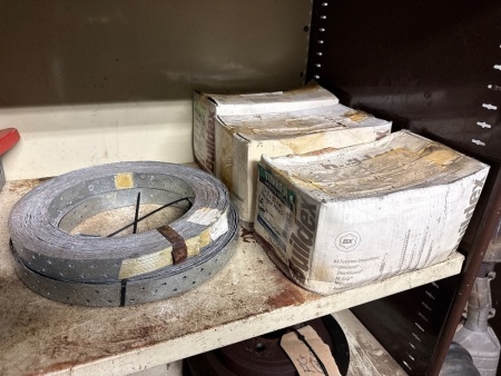 Three boxes of fasteners +2 rolls of galvanised strapping