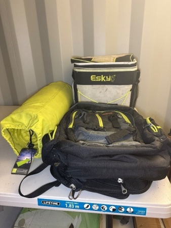 Assorted lot inc. Esky, bags, and inflatable mat