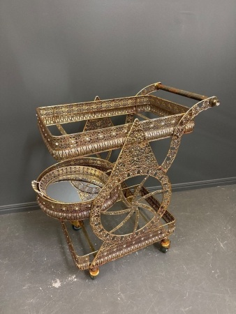 Mid Century Brass Look Filigree Tea Cart with Mirrored Tray/Plant Stand