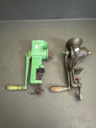Vintage Major Pope Product Meat Grinder & Harper Green Enamel Meat Grinder