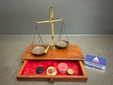 Vintage Timber Mounted Brass Scales with Assortment of Weights