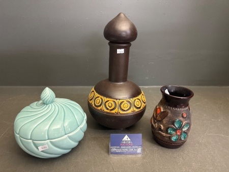 Israel Lidded Pot, West German Art Deco Vase & Large Blue Lidded Ceramic Dish Italy