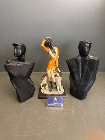 Pair of Male Head & Bust Figures + Lady with Dog Statue