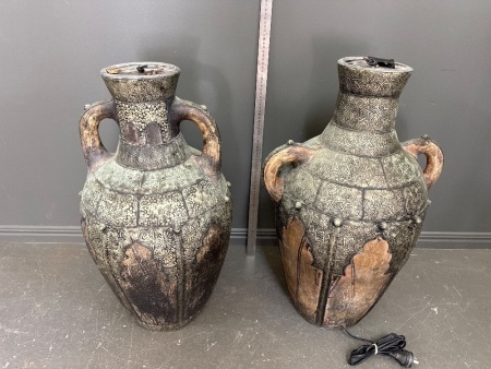 Pair of Moroccan Style Terracotta Amphora Light Bases, Embossed with Metal Overlay