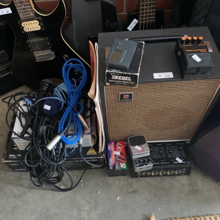Asstd Lot inc. Dual Stereo Speakers, Mixers, Pedals, Tuners, Mics etc