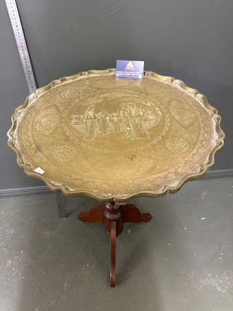 Vintage Heavy Brass Tray Side Table on Mahogany Pedestal Base