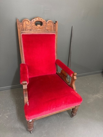 Vintage High Back Red Upholstery Arm Chair on Castors