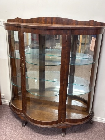 Art Deco Bow Front Glass Display Cabinet with Key