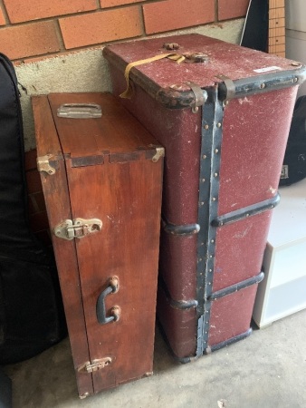 Vintage Red Steamer Trunk + Large Timber Suitcase
