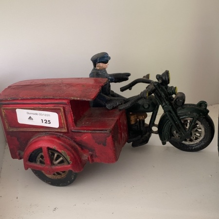 Large Painted Cast Iron Motorcycle & Side Wagon