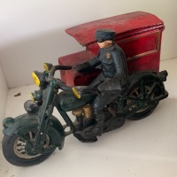 Large Painted Cast Iron Motorcycle & Side Wagon - 2