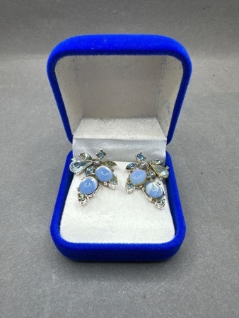Pair of Vintage Rhinestone & Blue Moonstone Earrings