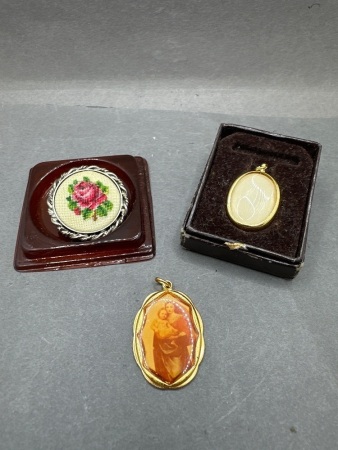 2 Vintage Gold Look Pendants + Embroidered Brooch