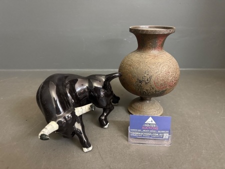 Heavy Moroccan Style Metal Vase & Ceramic Bull Statue