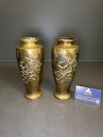 Pair of Oriental Brass Vases with Crane Detailing