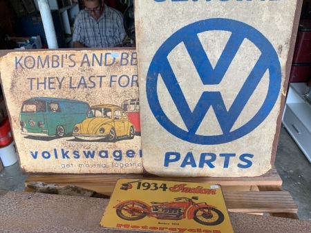 2 Large VW Tin Signs + Smaller Indian Motorcycle Sign