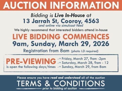AUCTION INFORMATION: Bidding is live at 13 Jarrah St, Cooroy, 4563 & online via web feed (simulcast) - It is recommended that interested bidders attend the auction onsite | BIDDING COMMENCES: 9am, Sunday, March 29, 2026, Registration from 8am (photo I.D r