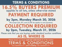 TERMS AND CONDITIONS: 16.5% BUYERS PREMIUM APPLIES TO ALL AUCTION LOTS UNLESS ADVISED (An additional 1.65% fee applies to online bidders) | PAYMENT REQUIRED by 3pm, Monday March 30, 2026 - We accept cash, EFT, card (2.2% fee applies to card payments) | CO