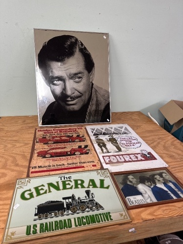 Lot of Vintage Signs and Advertising Mirrors + Clark Gable Portrait on Mirror
