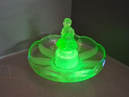 Uranium Glass Flower Plate with Frog + Chipped Uranium Glass Lady Figurine