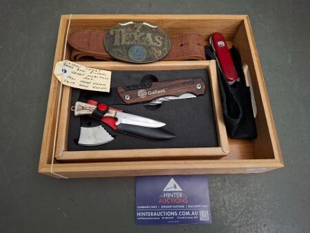 Vintage Texas Brass Belt Buckle, Gallant Multi Tool Mini Axe & Swiss Army Knife
