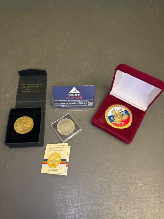 Aus Word War II Coin, Aus Education Coin + Russian Defence Commemorative Medal