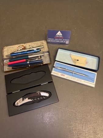 Collection of Pens, Incs Cross Pen in Case + Le Creuset Bottle Opener